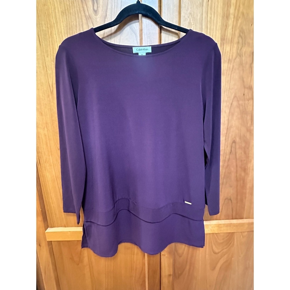 Calvin Klein Women Eggplant Purple Tiered Hem Boat Neck Long Sleeve Blouse Small